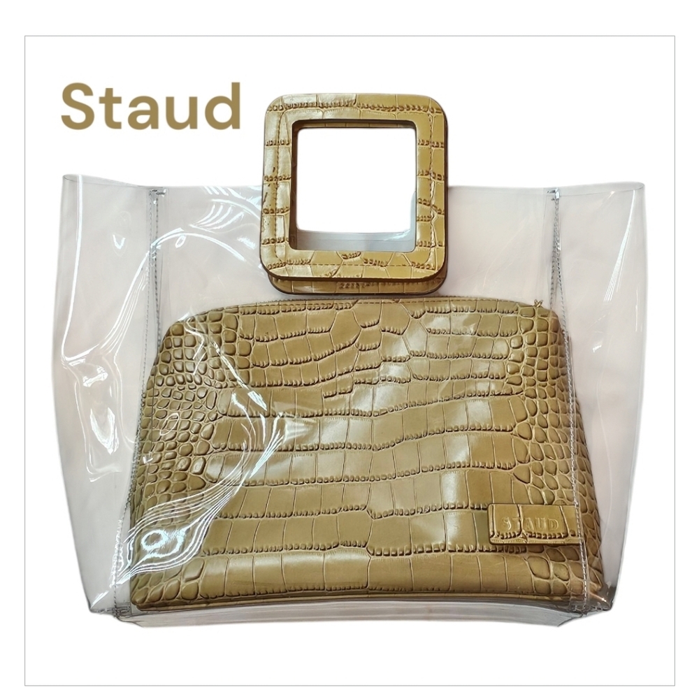 STAUD Shirley Clear Purse with Inner Clutch Faux Crocodile Print - Picture 1 of 12